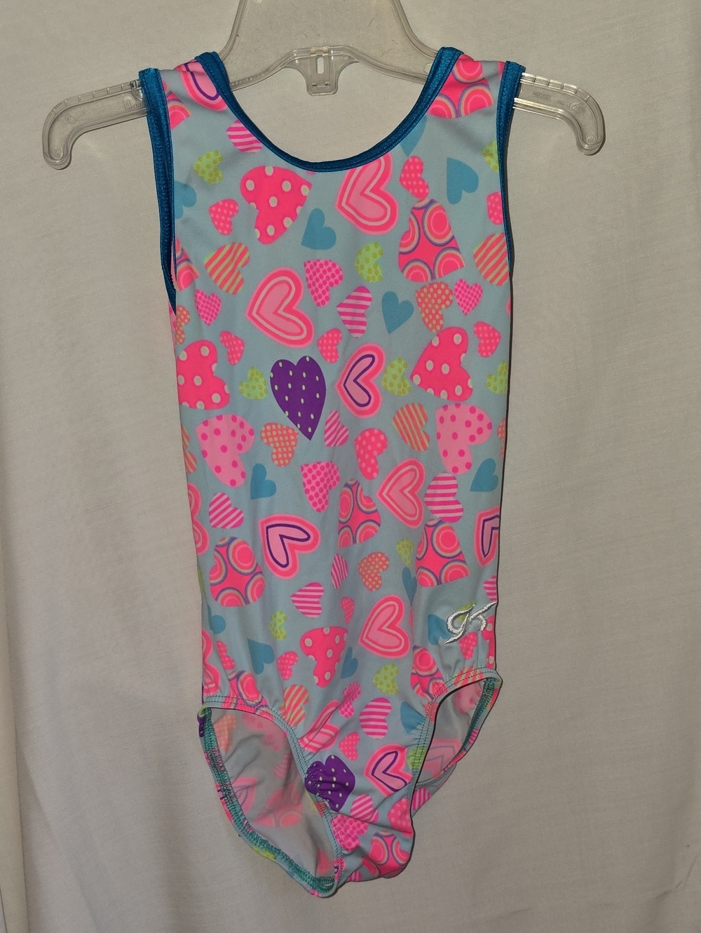 GK Girls Heart-Print Gymnastics Leotard in Light Blue, Pink, Purple, Teal